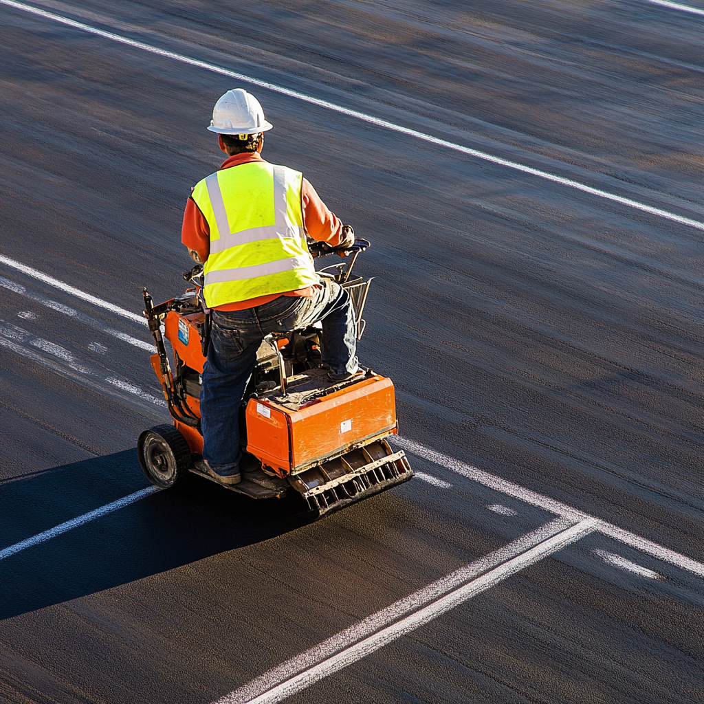 Operator using striping machine on fresh asphalt