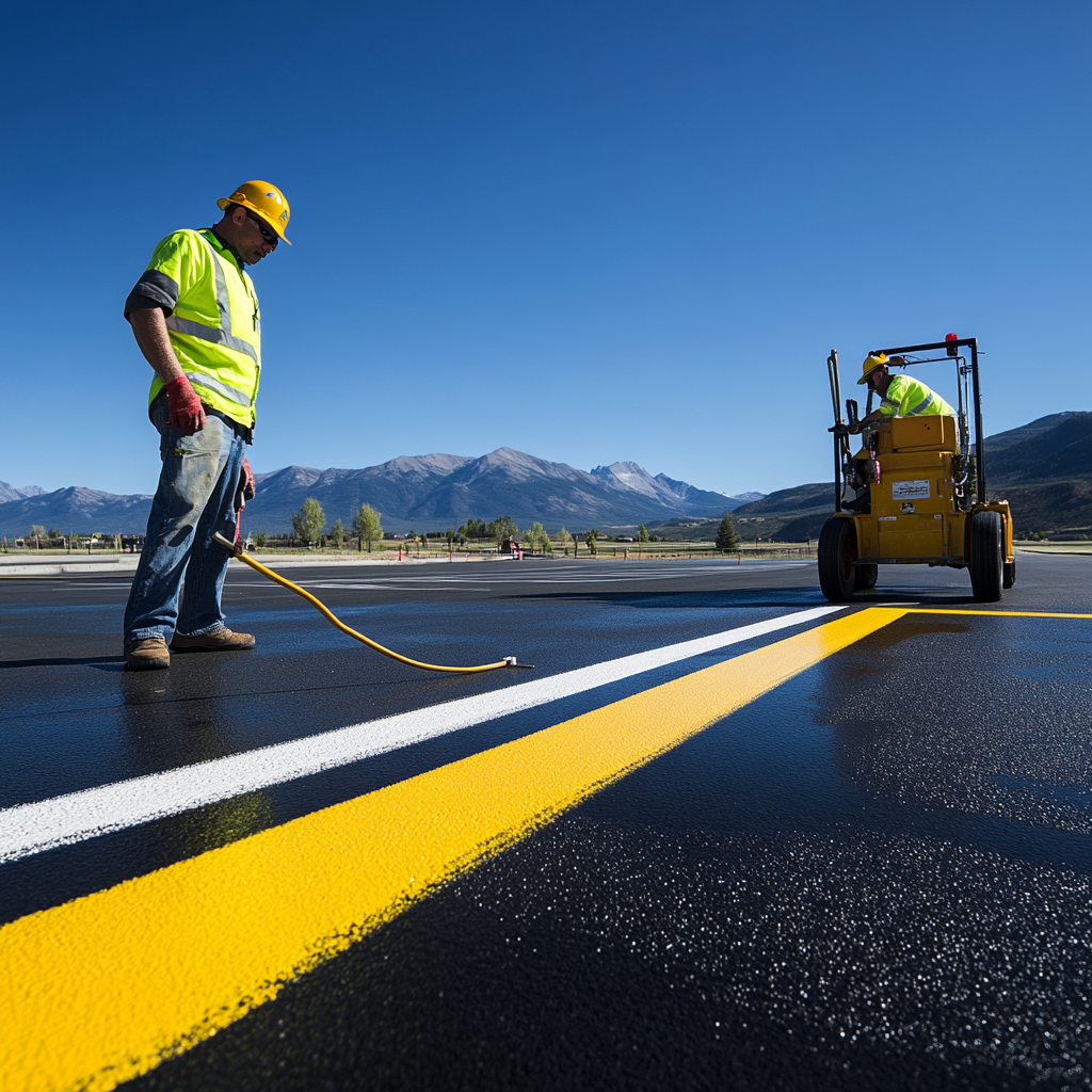 Professional pavement striping with mountain backdrop in Delta County
