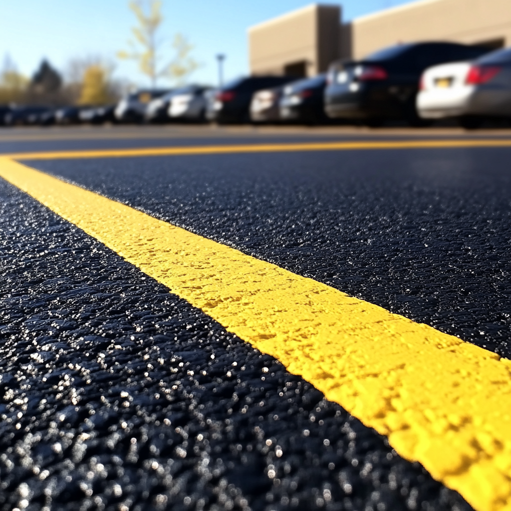 Close-up of fresh yellow line on asphalt